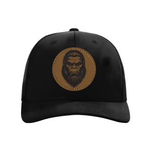 Premium Trucker Hat 112/115 Black/Black Squatch Beige Patch